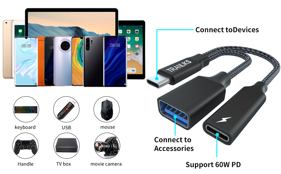 TRANLIKS USB C Splitter 1 zu 2, OTG Adapter USB C mit Ladefunktion, USB