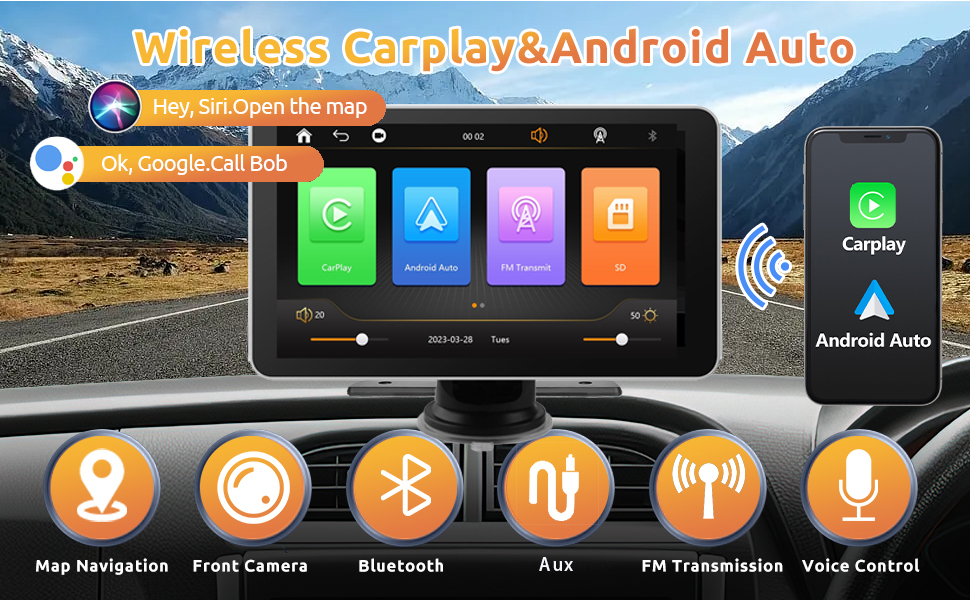 Portable Wireless Apple Carplay Android Auto Car Stereo Radio, 7