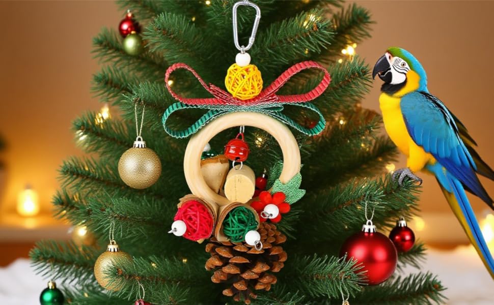 Christmas Bird Toys Foraging Shredder Hanging Toys Rope Perch with Bell