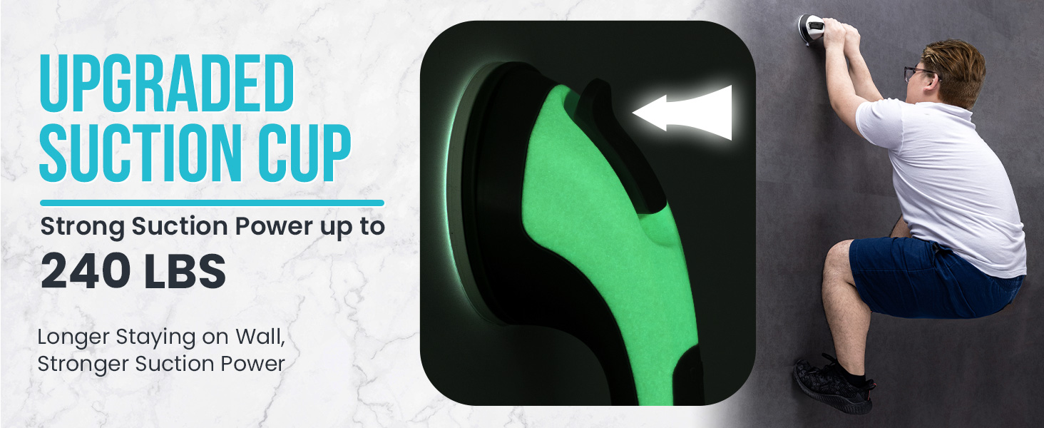 Green and black suction cup with 240 LBS suction power. Demonstration shows person using it to climb a wall, highlighting its strong grip and weight-bearing capacity.