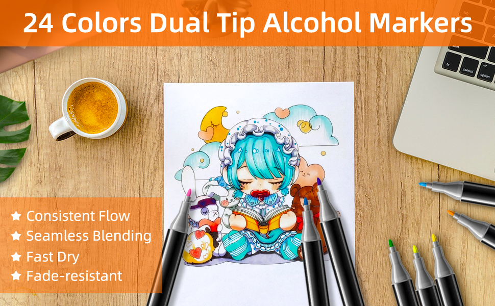 ARRKYOER Alcohol Markers,24 Colors Dual Tip Art Markers
