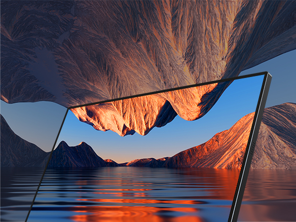 Split-screen view showing dramatic mountain landscape reflected in water, with a smartphone or tablet display showing the same scene.