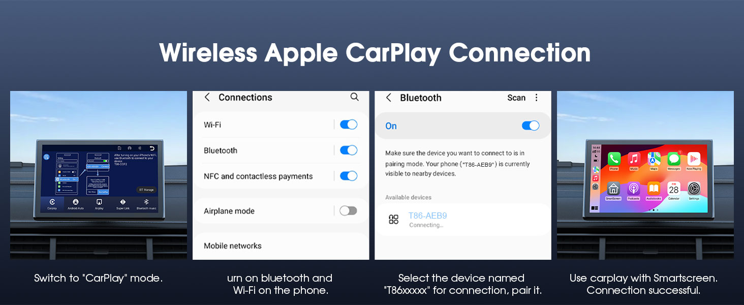 Car infotainment system showcasing wireless Apple CarPlay connection. Multiple screens display Bluetooth pairing, connection settings, and the CarPlay interface with colorful app icons.