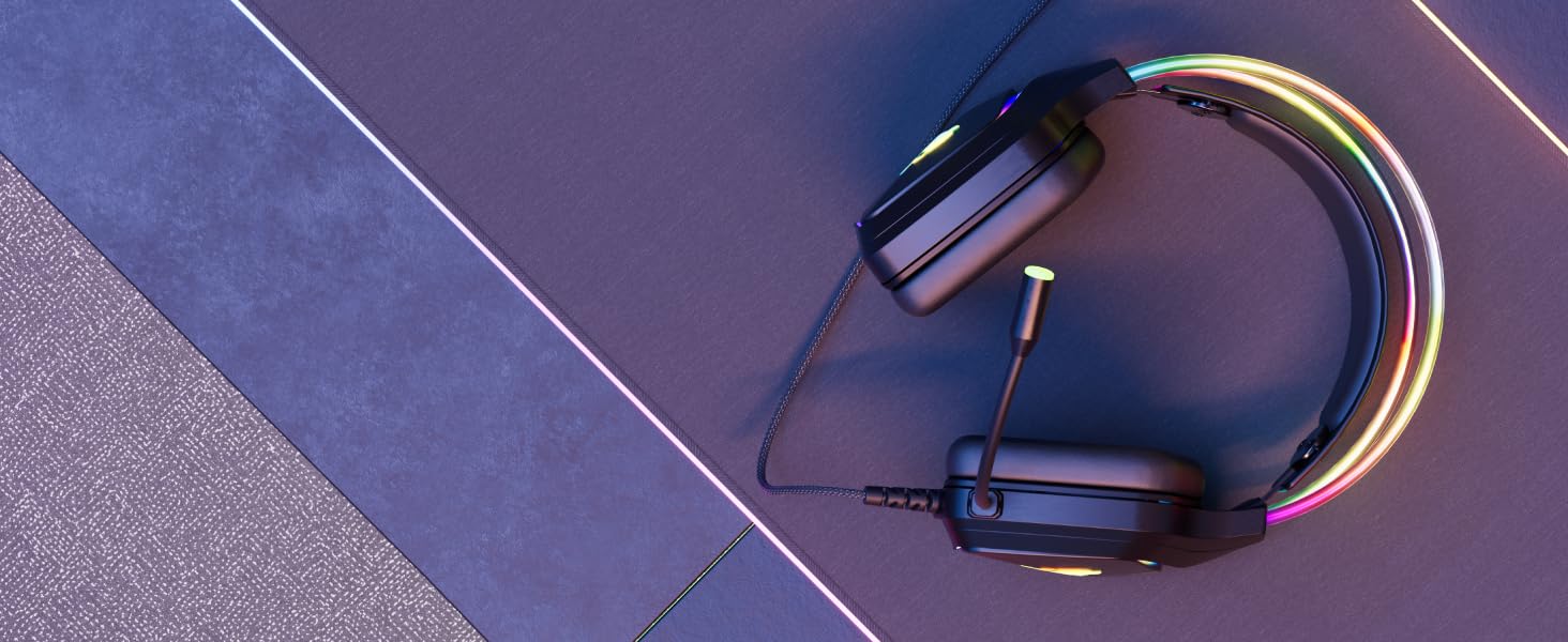 Front view of the gamepunk headset sitting on the RGB desk mat.