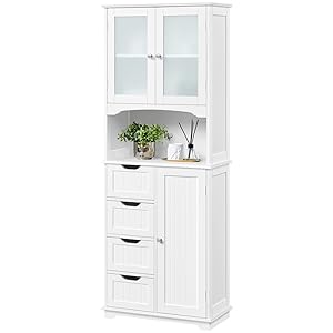 White tall storage cabinet with glass doors, open shelf, and multiple drawers. Features a combination of closed and display storage space.