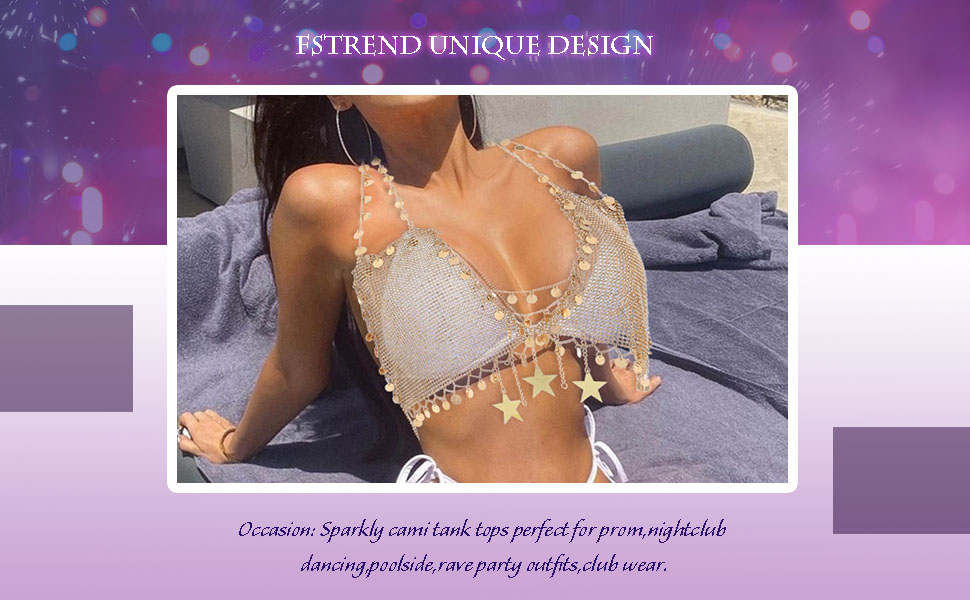 Fstrend Sequins Crop Top Sparkly Tank Tops Bar Halter