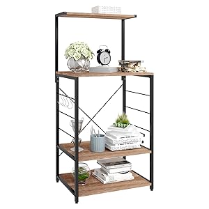 WOLTU Scaffale Per Cucina In Acciaio Legno 4 Ripiani Ganci Carrello Microonde Legno+Nero 13 1