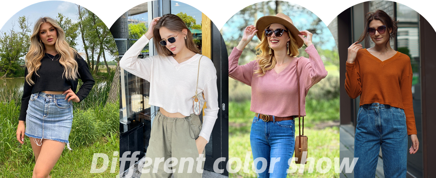 women long sleeve top cropped waffle shirt