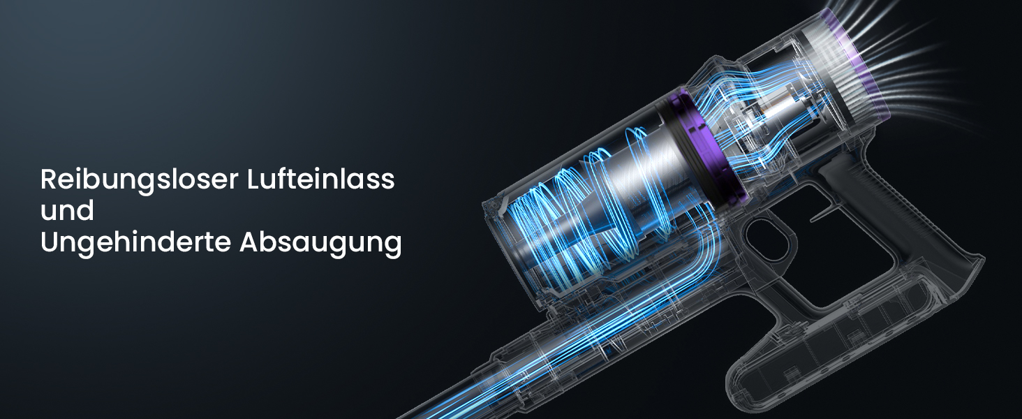 Der Text lautet „Reibungsloser Lufteinlass und ungehinderte Absaugung“. Technische Abbildung einer Vakuumkomponente, die den Luftstrommechanismus in Blau- und Grautönen zeigt.