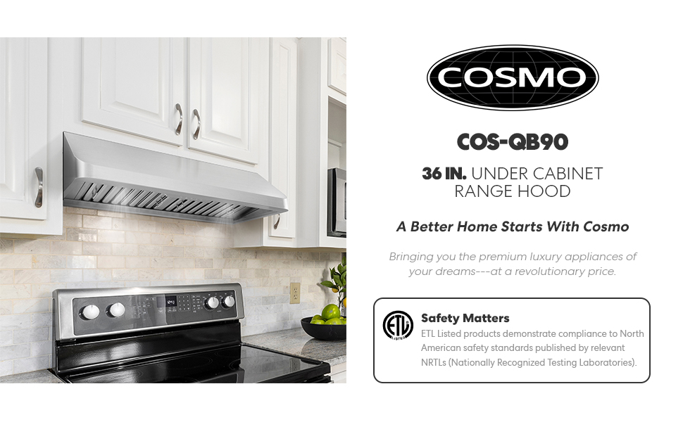 under cabinet, stainless steel, range hood, Cosmo QB90, dishwasher safe, washable filter, permanent