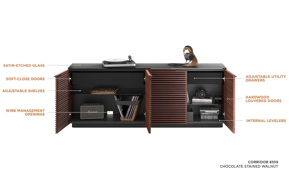 BDI Corridor Office Credenza - 70" Walnut Storage Cabinet With Locking File Drawer & Glass Top