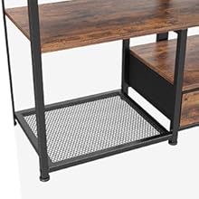 Industrial style console table with dark wood top and black metal frame, featuring mesh shelf underneath. Multiple angles shown.