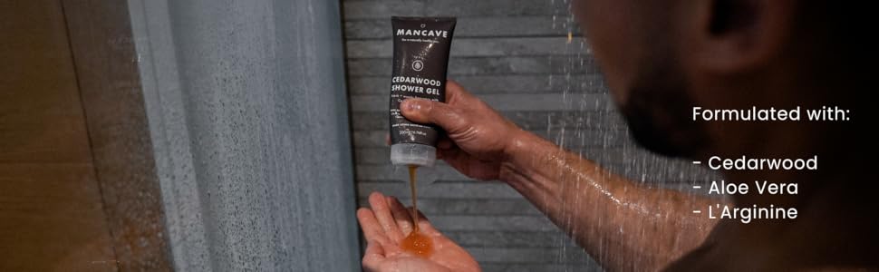 ManCave cedarwood shower gel formulated with cedarwood, aloe vera and l'arginine 