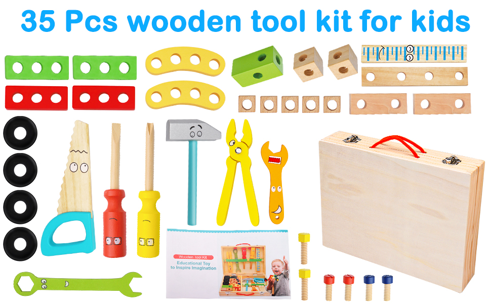Wooden Tool Set for 2 3 4 5 6 Year Old Boy Girl 35 Pcs