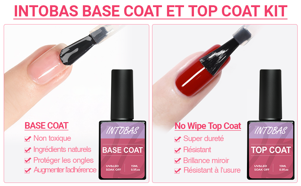 INTOBAS Base et Top Coat Pailletée Semi Permanents 2*15ml,Vernis de Finition Gel UV Set,Vernis