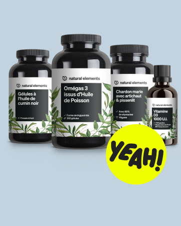 Quatre flacons de suppléments noirs portant la marque Natural Elements. Les produits comprennent des oméga-3, de l'huile de cumin noir, du chardon-Marie et de la vitamine D3. « YEAH ! » jaune autocollant visible.