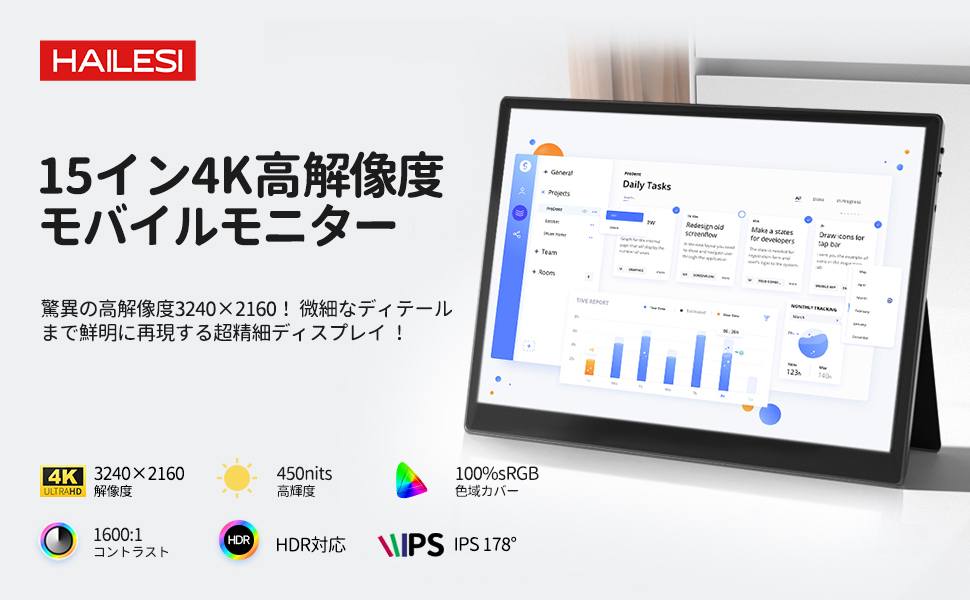 Amazon.co.jp: HAILESI モバイルモニター 15インチ 4K 3240*2160