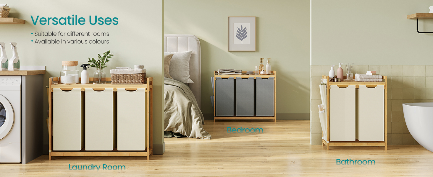 Szennyeskosár 3 rekesszel, 3 x 50 l, 94 x 33 x 78 cm, krémfehér