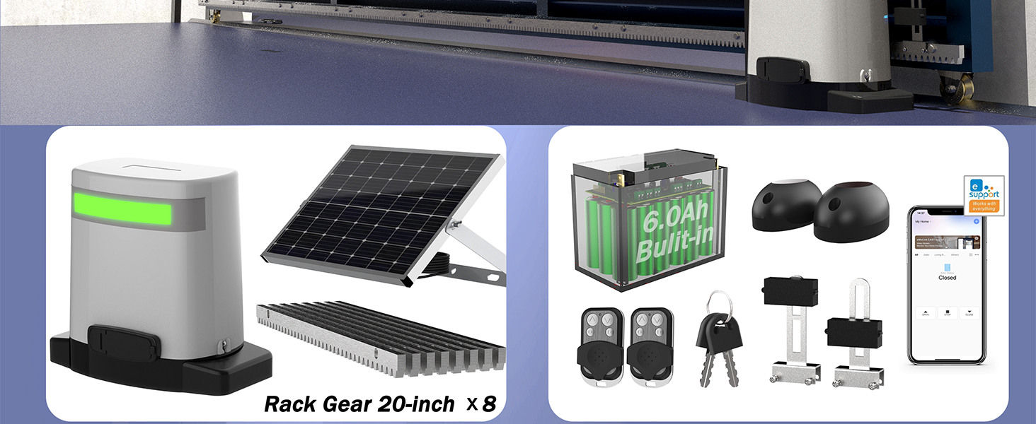 Blütezeit sliding gate opener with lithium battery, solar panel, remotes, sensor, complete kit
