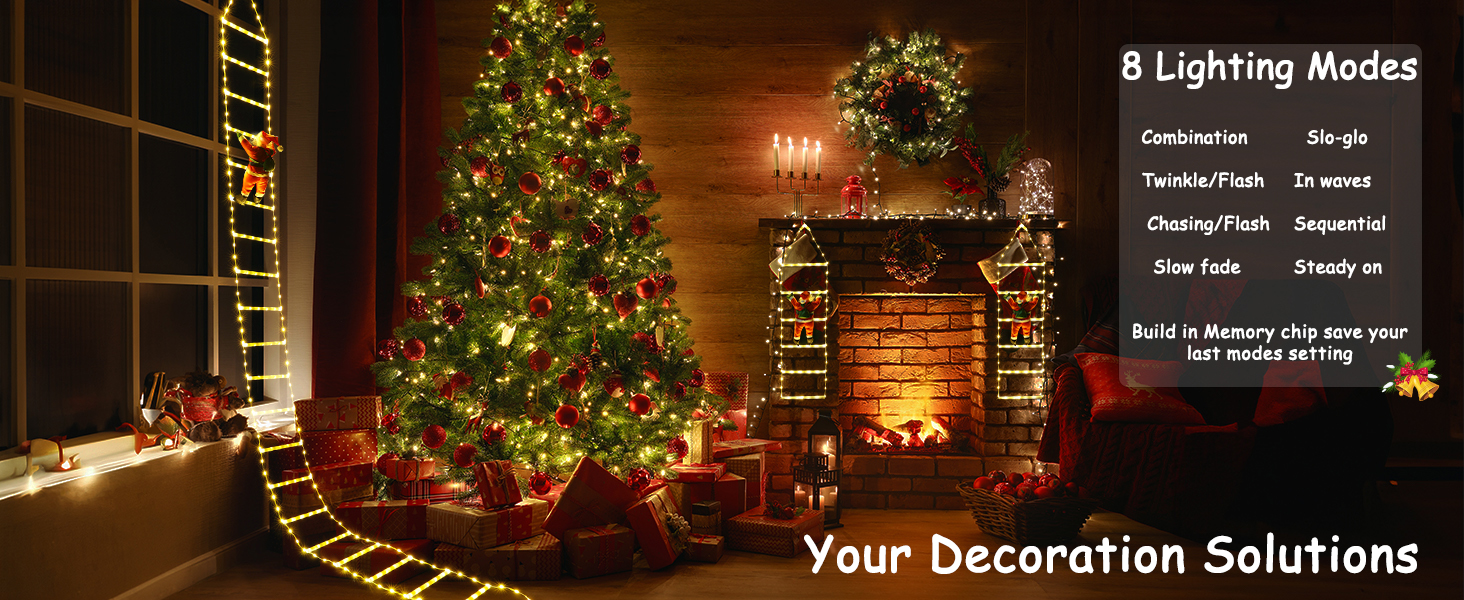 Christmas scene featuring decorated tree with lights and '8 Lighting Modes' text overlay, showing indoor holiday decoration setup.