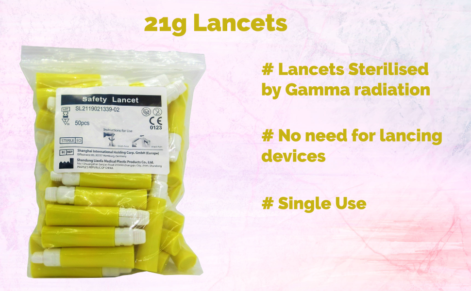 One Step 21g Safety Blood Lancets, 50 Count, 21 Gauge 2.2mm Depth Yellow, SingleUse