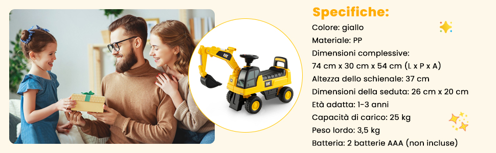 Giocattolo giallo per escavatore cavalcabile per bambini. Le specifiche elencano le dimensioni, la capacità di peso e la fascia di età. L'immagine mostra adulti con bambini che giocano.