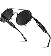 FEISEDY Sunglasses Mens Women Aviators Retro Steampunk Round Sunglasses Metal Frame Fishing Drivi...