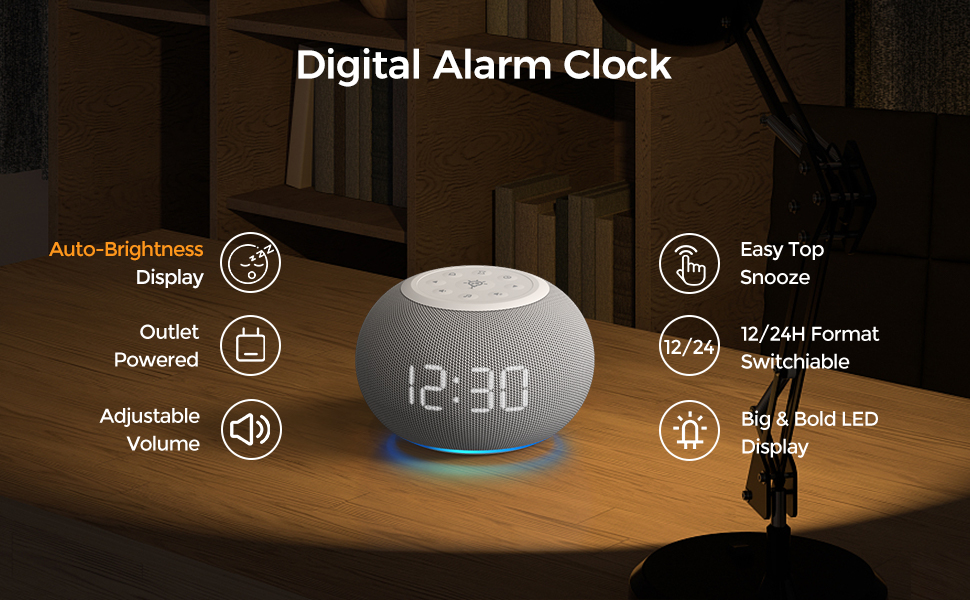 Reacher AutoDimmable Sound Machine Alarm Clock with Night Light, 20