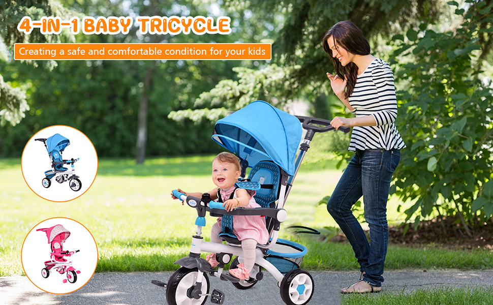 HONEY JOY Tricycle, 5 in 1 Baby Stroller Trike w/Adjustable