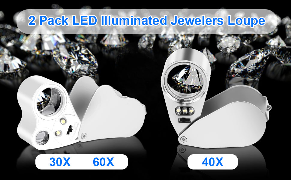 2PCS 30X 40X 60X Illuminated Jewelers Loupe Magnifier