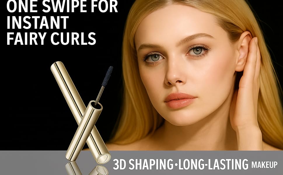 Text reads 'ONE SWIPE FOR INSTANT FAIRY CURLS' and '3D SHAPING-LONG-LASTING makeup'. Advertisement for hair styling tool shown with styling results.