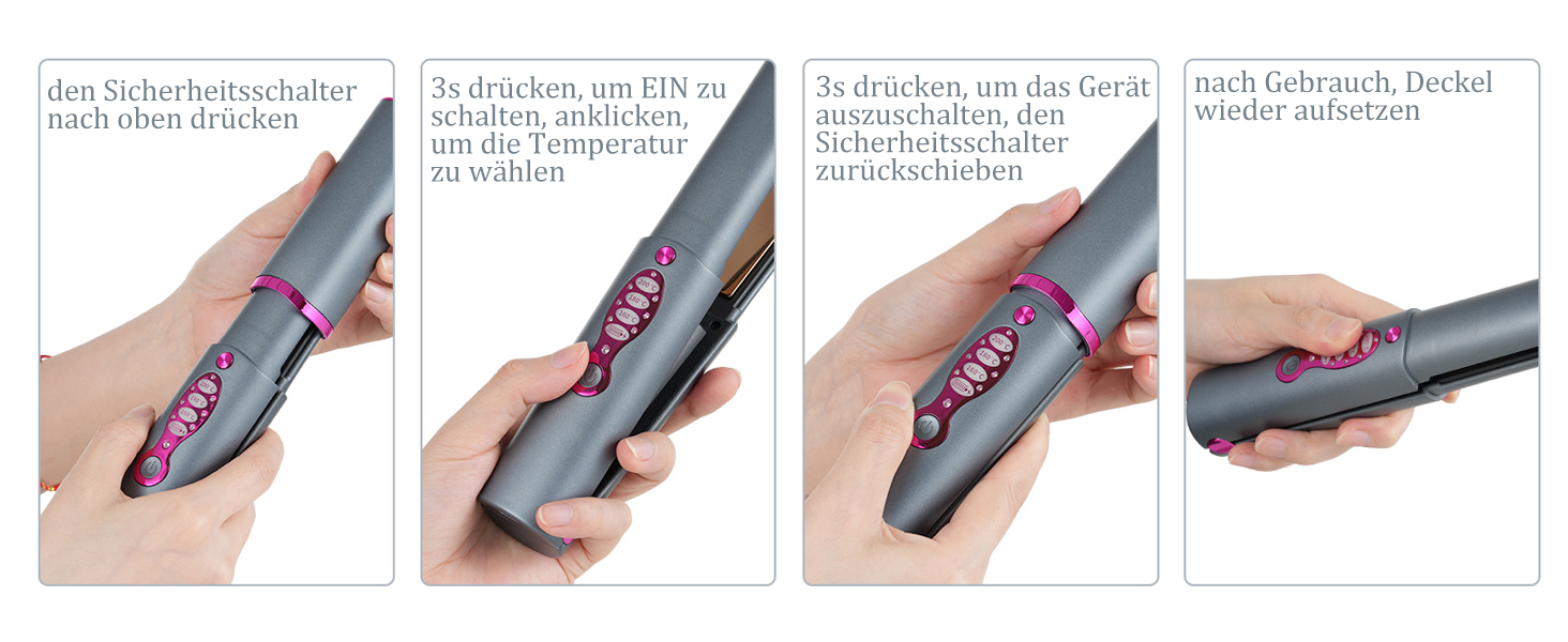 Stapsgewijze handleiding waarin de handen een grijs elektronisch apparaat met roze accenten bedienen, waarbij de volgorde van de temperatuuraanpassing wordt gedemonstreerd.
