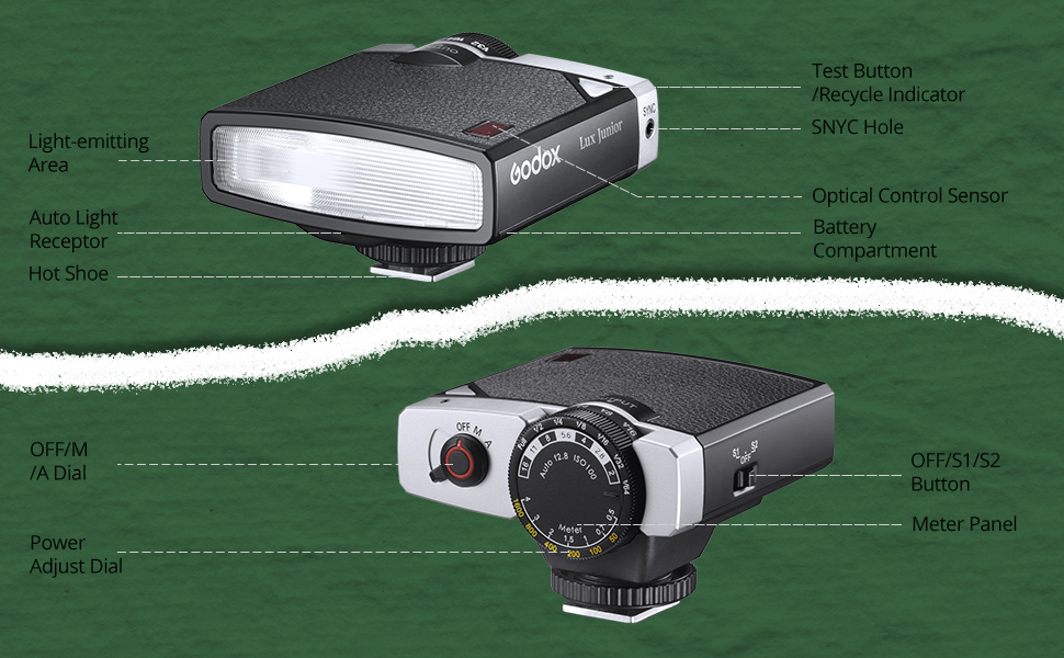 GODOX Retro Camera Flash Lux Junior 1/11/64 GN12 6000K ±200K Colour