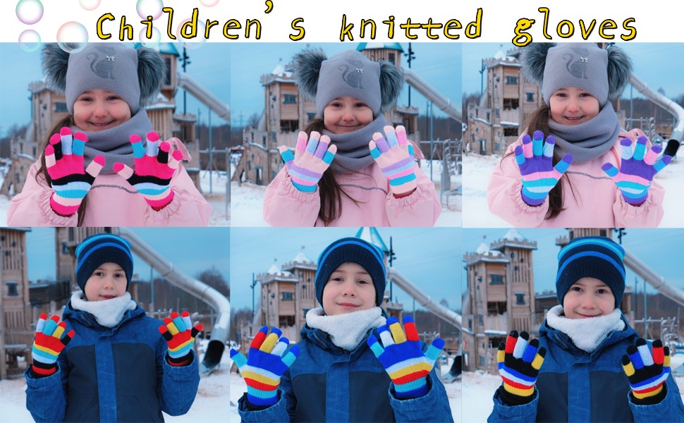 QKURT 6 Pairs Kids Knitted Gloves, Full Finger Rainbow Toddler Warm