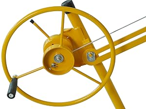 Single stage drywall lifting winch with handle and brake rod makes lifting drywall more convenient.