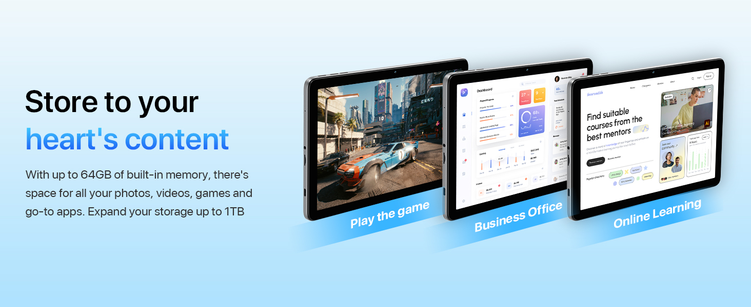 Digital storage service interface showing three tilted panels displaying content management features, with blue gradient background and text about storing photos and videos.