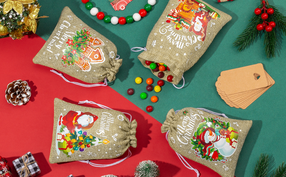 24Pcs Christmas Burlap Gift Bags with Drawstring, 5x7in