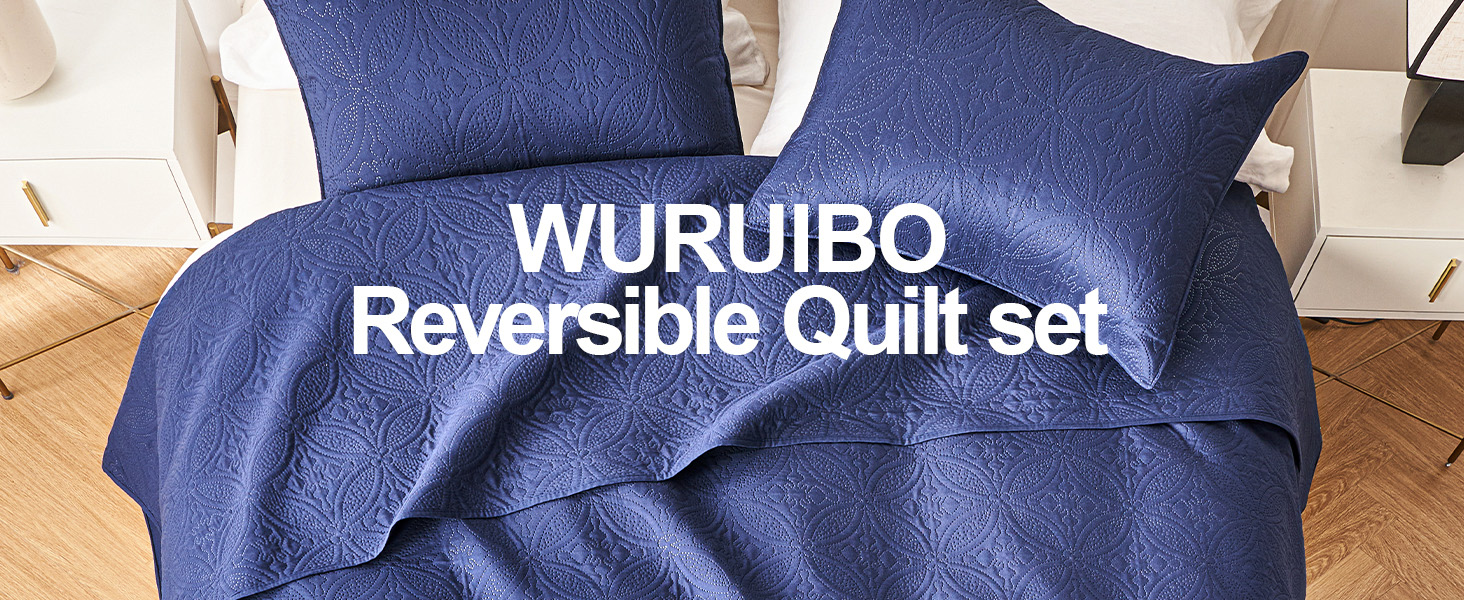 WURUIBO Navy Blue Full/Queen Quilt Bedding Set, Embossing