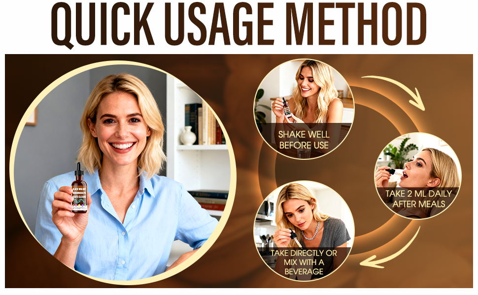 Text reads 'QUICK USAGE METHOD'. Circular infographic showing three-step usage instructions with demonstration photos in warm, brown tones.