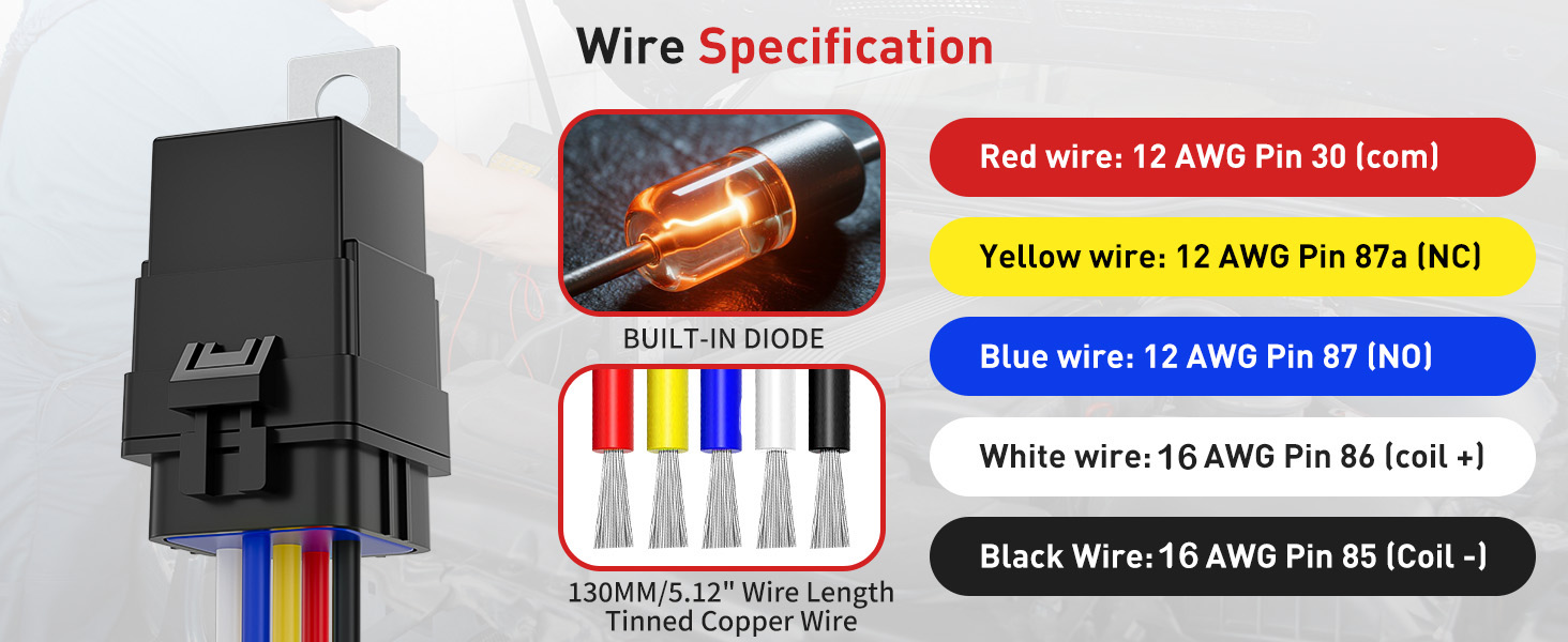 5Pin 12V 40/30 Amp Waterproof Relay Switch Harness Set - 12V DC 5-Pin SPDT Automotive Relays