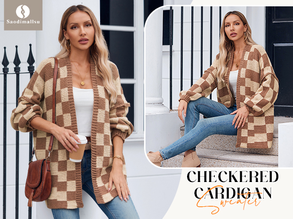 Saodimallsu Womens Checkered Oversized Cardigan Sweaters