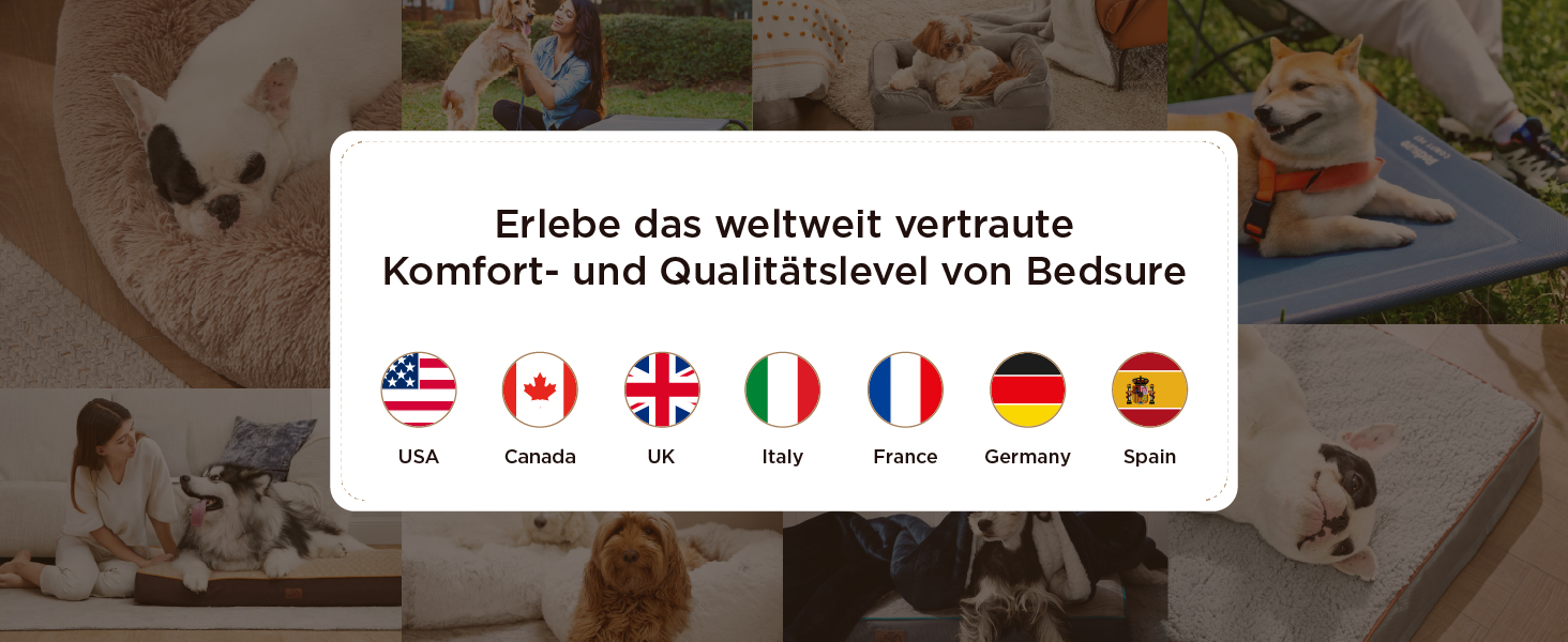 Der Text lautet „Erleben das weltweit vertraute Komfort- und Qualitätsniveau von re“ mit Flaggensymbolen für die USA, Kanada, Großbritannien, Italien, Deutschland und Spanien, die für die weltweite Serviceabdeckung stehen.
