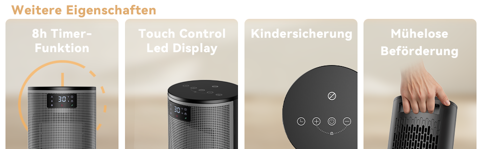 Das vierteilige Produktmerkmalsdisplay zeigt ein schwarzes zylindrisches Lautsprechergerät mit Touch-Bedienelementen und verschiedenen Funktionsanzeigen.