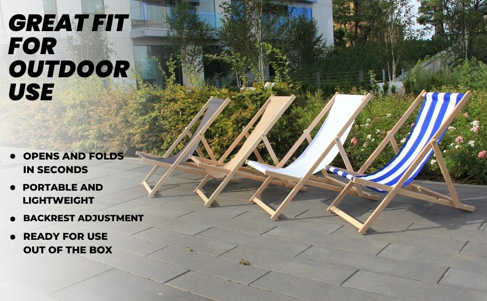 Traditional Folding Wood Deck Chairs Set of 2, Beach/Garden Wooden Deck