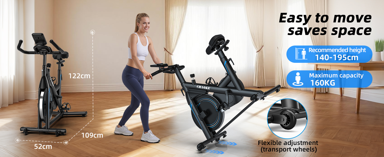 Text reads 'Easy to move' and 'saves space'. Series of images showing foldable exercise equipment being moved and stored in different positions.