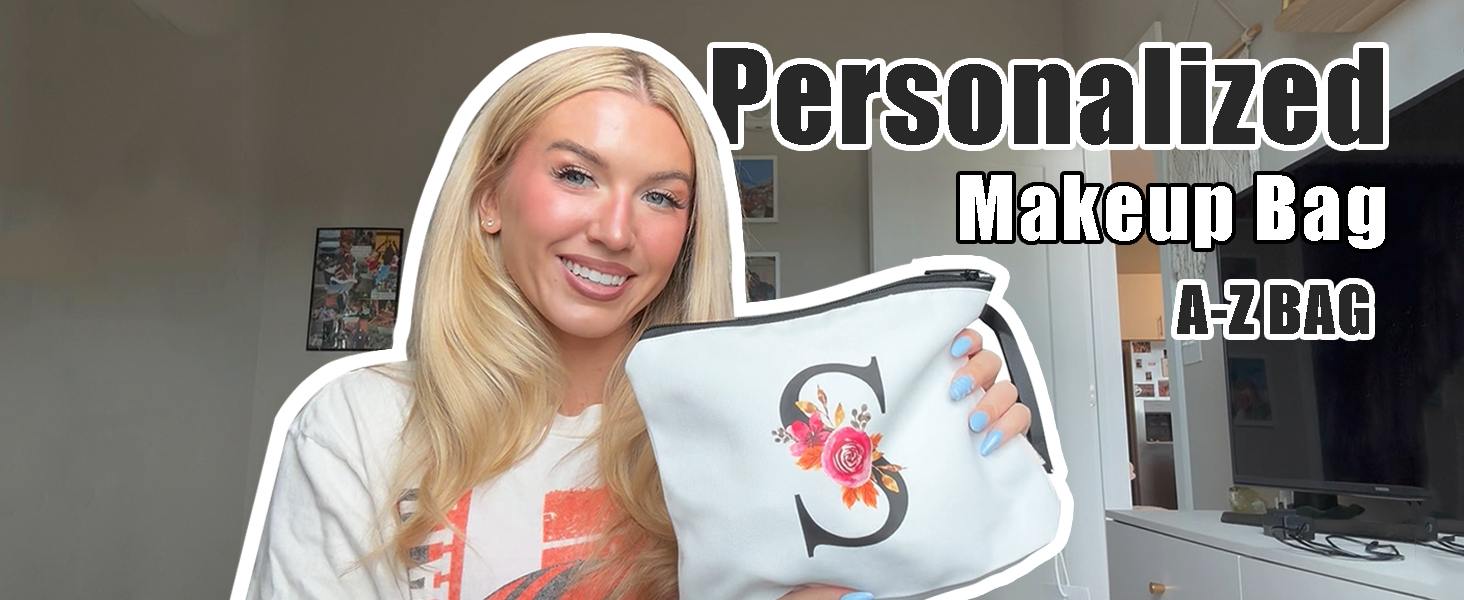 Text reads 'Personalized Makeup Bag'. Marketing image showing cosmetic bags with customizable design features.