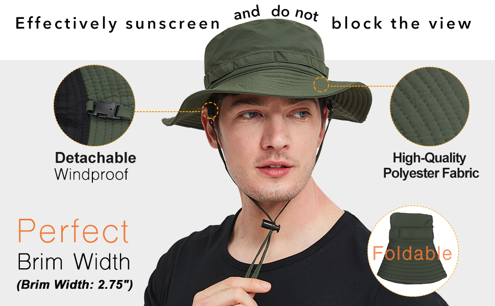Boonie hat come with 2.75" wide brim that keeps your eyes, neck and face away from the sun