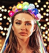 JONKY Rose Flower Rainbow Led Headbands Tassel Light Up Pride Headband Glowing Floral Headpiece G...