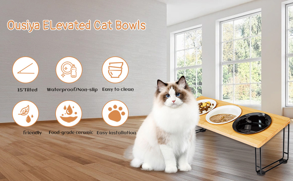 Ousiya Elevated Cat Bowls Cat Food Water Bowls with Natural Bamboo