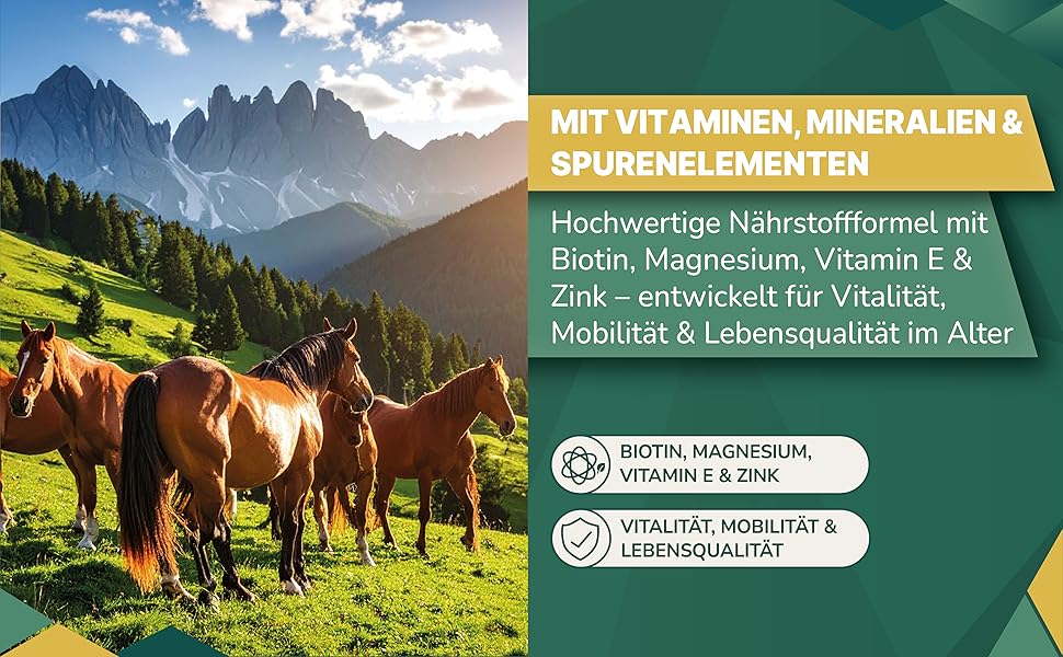 Der Text lautet „MIT VITAMINEN, MINERALIEN & SPURENELEMENTEN“ und „Hochwertige Nährstoffquelle mit Biotin Magnesium, Vitamin E &“. Serie von Landschaftsbildern, die Kühe zeigen, die auf alpinen Wiesen mit Gebirgshintergrund weiden.